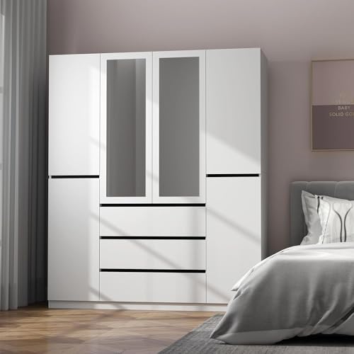 New 78" Armoire Wardrobe with 6 Doors & 2 Mirror, Bedroom Armoires (White)