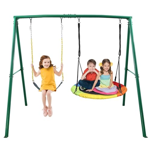 Trekassy 440lbs 2 Seat Swing Set for Backyard, 1 Saucer Swing and 1 Belt Swing