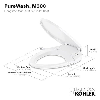 New KOHLER 98804-CP-0 Purewash M300 Elongated Manual Bidet Toilet Seat With Chrome Handle (White)