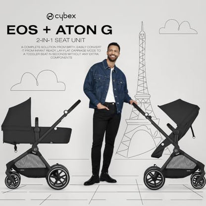 New Cybex EOS 5-in-1 Travel System Stroller + Lightweight Aton G Infant Car Seat, Moon Black, Silver Frame