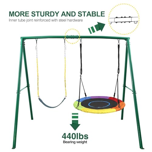 Trekassy 440lbs 2 Seat Swing Set for Backyard, 1 Saucer Swing and 1 Belt Swing