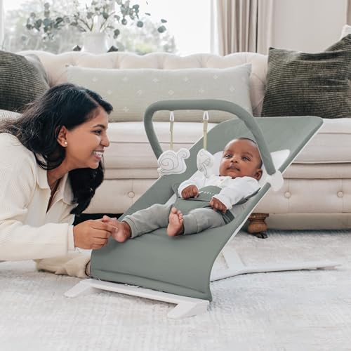 New Baby Delight Alpine Deluxe Portable Baby Bouncer | Infant | 0-6 Months | 100% GOTS Certified Organic Cotton Fabric | Organic Sage