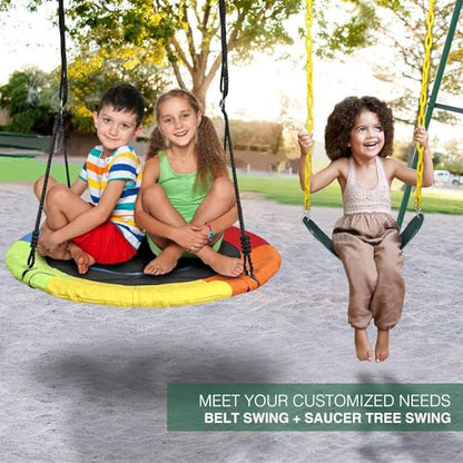 Trekassy 440lbs 2 Seat Swing Set for Backyard, 1 Saucer Swing and 1 Belt Swing