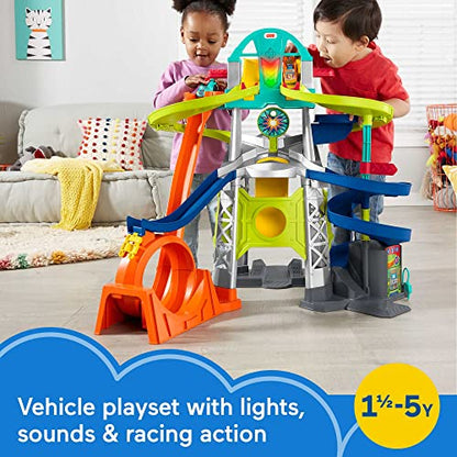 New Fisher-Price Little People Toddler Toy Launch & Loop Raceway Race Track with Lights Sounds & 2 Cars