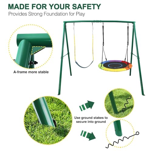 Trekassy 440lbs 2 Seat Swing Set for Backyard, 1 Saucer Swing and 1 Belt Swing