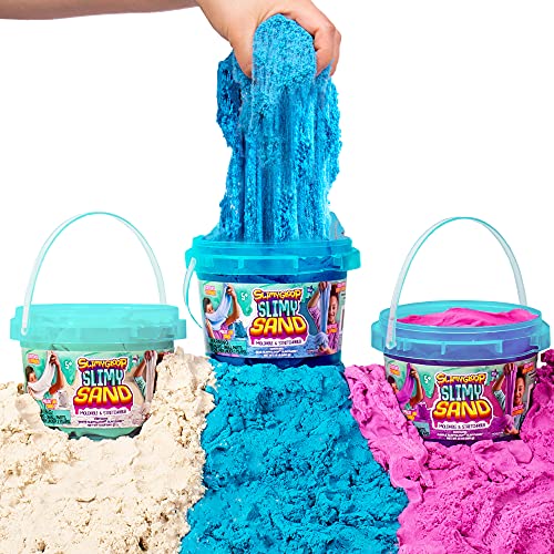 New SLIMYSAND 4.5 lbs of Stretchable, Expandable, Moldable Non-Stick Slimy Play Sand in 3 Reusable Buckets (Purple/Blue/White)