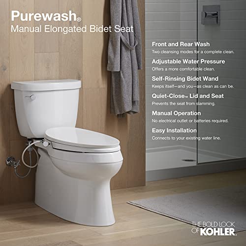 New KOHLER 98804-CP-0 Purewash M300 Elongated Manual Bidet Toilet Seat With Chrome Handle (White)