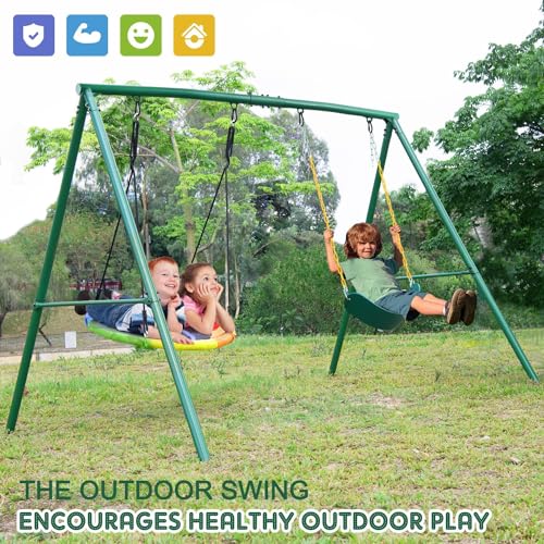 Trekassy 440lbs 2 Seat Swing Set for Backyard, 1 Saucer Swing and 1 Belt Swing