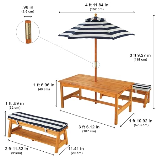 New KidKraft Outdoor Wooden Table & Bench Set with Cushions and Umbrella (Navy and White Stripe Fabric)