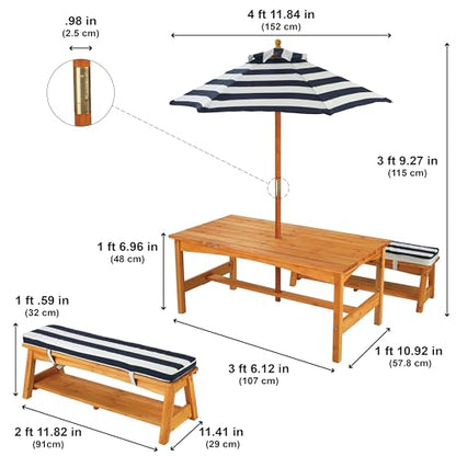 New KidKraft Outdoor Wooden Table & Bench Set with Cushions and Umbrella (Navy and White Stripe Fabric)