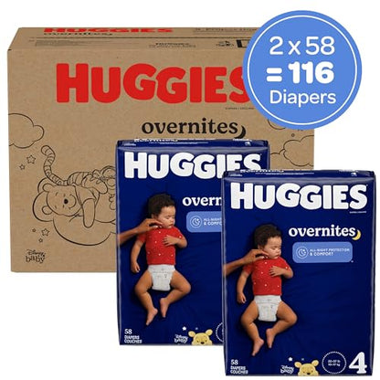 New Huggies Baby Diapers: Overnight Diapers, Size 4 (22-37 lbs), 116 Ct (2 Packs of 58)