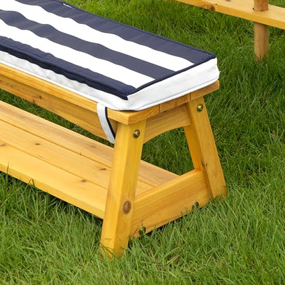 New KidKraft Outdoor Wooden Table & Bench Set with Cushions and Umbrella (Navy and White Stripe Fabric)