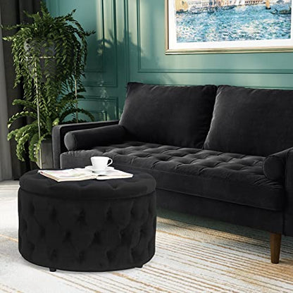 Homebeez 28 Inch Round Velvet Storage Ottoman (Black)