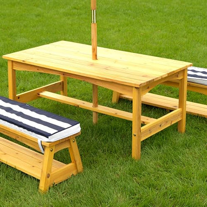 New KidKraft Outdoor Wooden Table & Bench Set with Cushions and Umbrella (Navy and White Stripe Fabric)