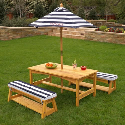 New KidKraft Outdoor Wooden Table & Bench Set with Cushions and Umbrella (Navy and White Stripe Fabric)