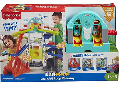 New Fisher-Price Little People Toddler Toy Launch & Loop Raceway Race Track with Lights Sounds & 2 Cars