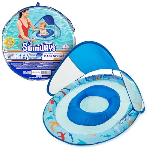 New Swimways Baby Spring Float, Baby Pool Float with Canopy & UPF Protection (Shark)