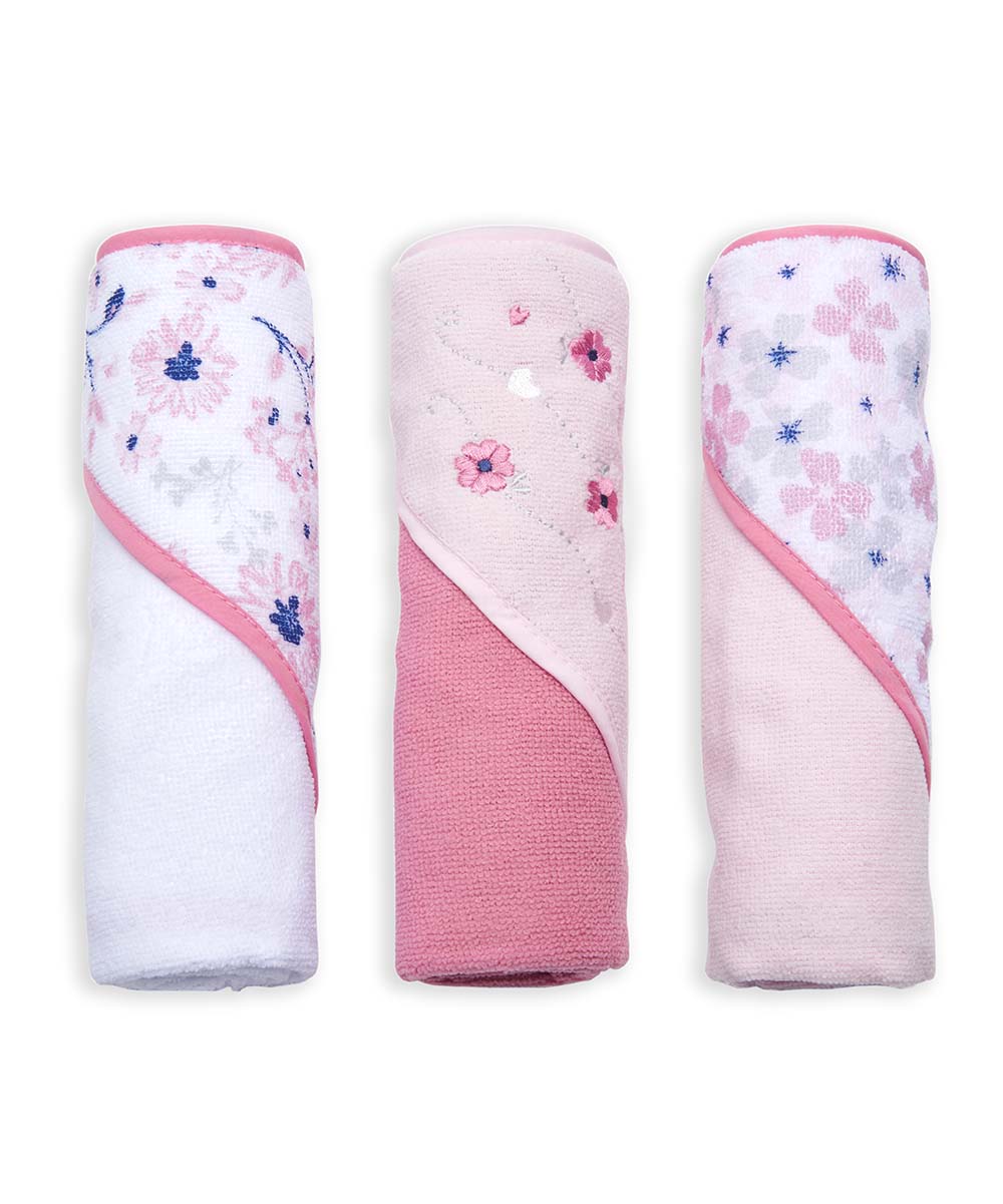 Cudlie Buttons & Stitches Baby Girl 3 Pack Rolled/Carded Hooded Towels in Crisp Blossom Print