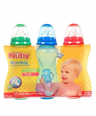 New Nuby 3-Pack Non-Drip Standard Neck Bottles (10 Oz. - Purple/Mint)