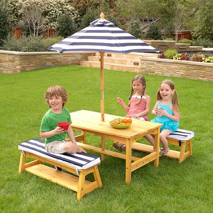 New KidKraft Outdoor Wooden Table & Bench Set with Cushions and Umbrella (Navy and White Stripe Fabric)