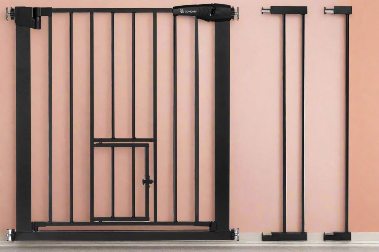 New COMOMY 29.5-40.5" Baby Gate with Cat Door (30" Tall, Black)