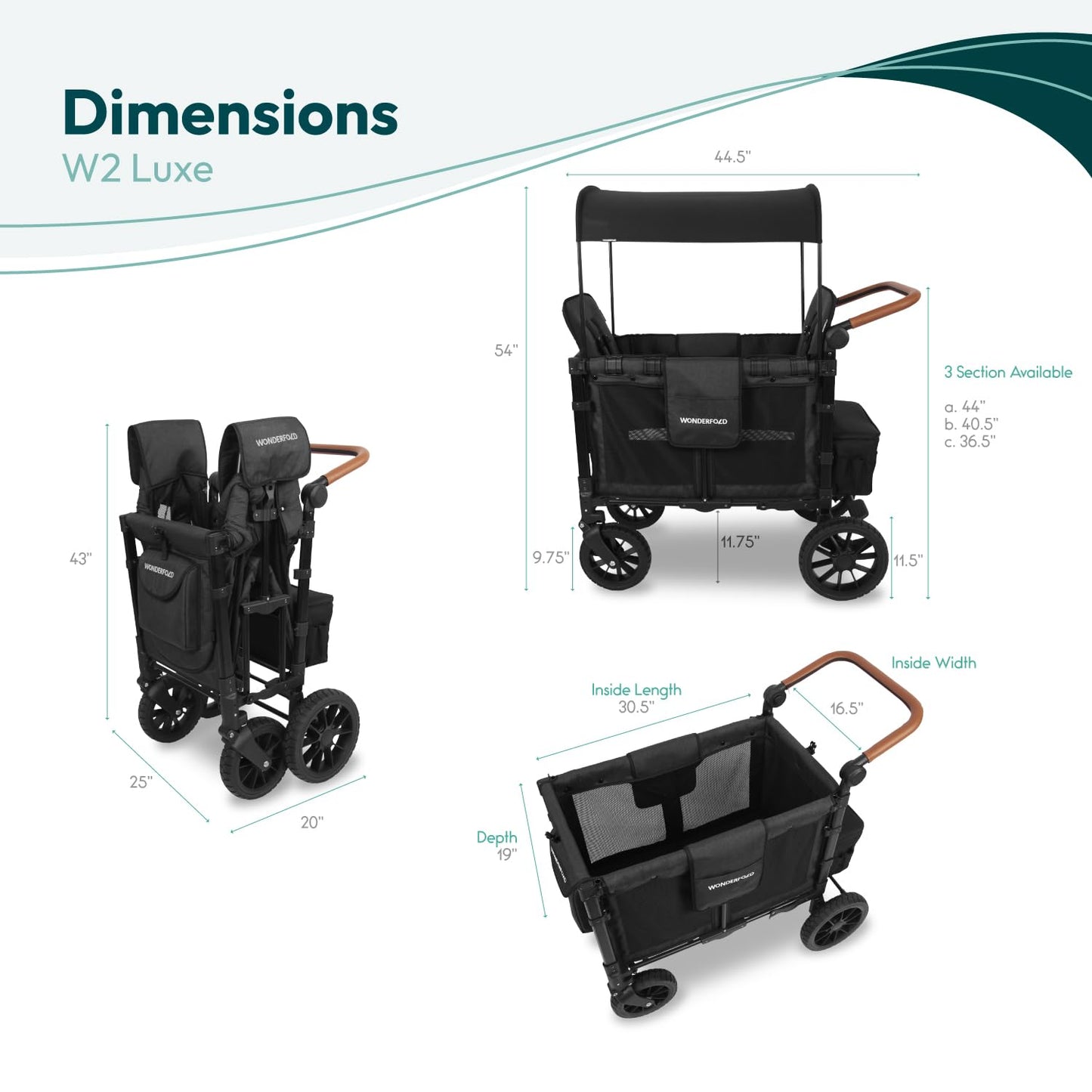 WONDERFOLD W2 Luxe Double Stroller Wagon (Volcanic Black)