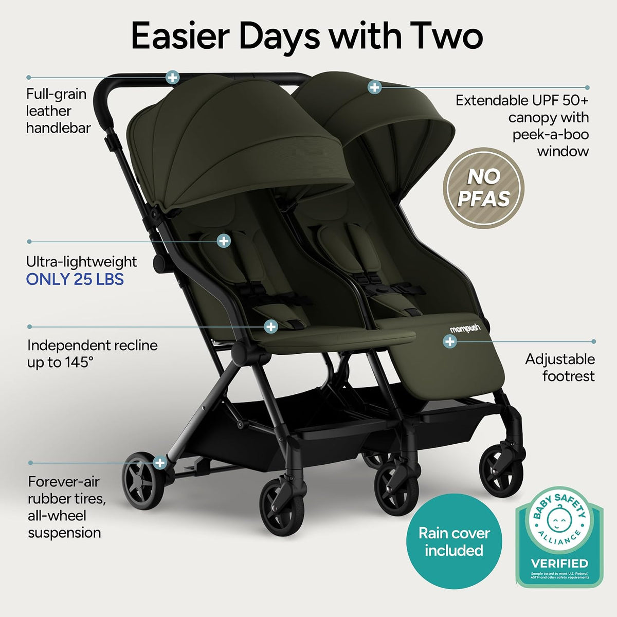 Mompush Lithe Double Stroller (Green)