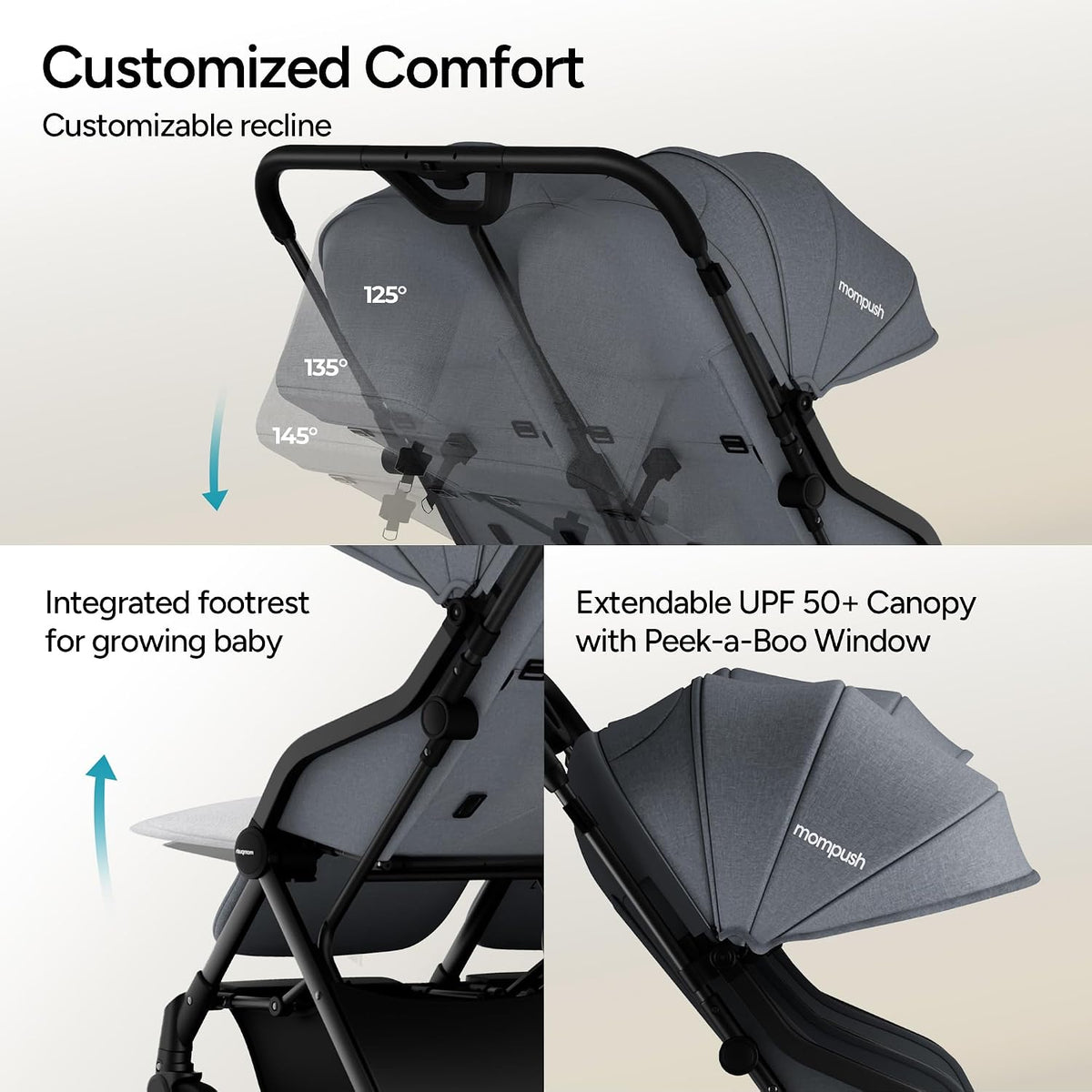 New Mompush Lithe Double Stroller (Grey)