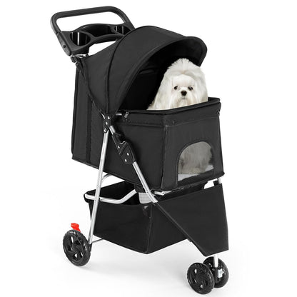 DUMOS 3-Wheel Foldable Pet Stroller with Storage & Cup Holder (Black)