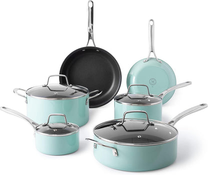 New Martha Stewart Lockton Premium Nonstick 10 Piece Pans Cookware Set (Mint Blue)