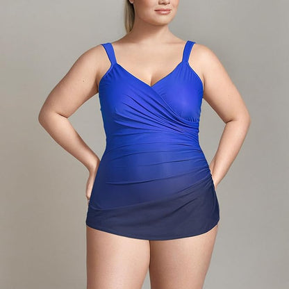 New Lands' End Women's SlenderSuit Tummy Control Chlorine Resistant Skirted One Piece Swimsuit (Electric Blue/Navy Ombre)