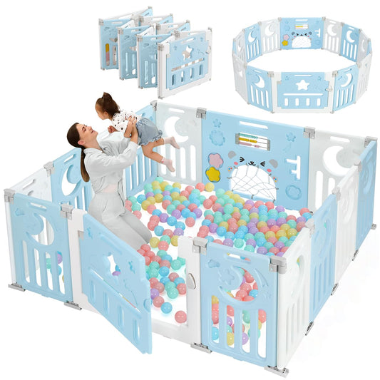 Dripex 14-Panel Foldable Baby Playpen with Safety Gate (Blue/White)