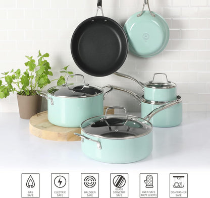 New Martha Stewart Lockton Premium Nonstick 10 Piece Pans Cookware Set (Mint Blue)