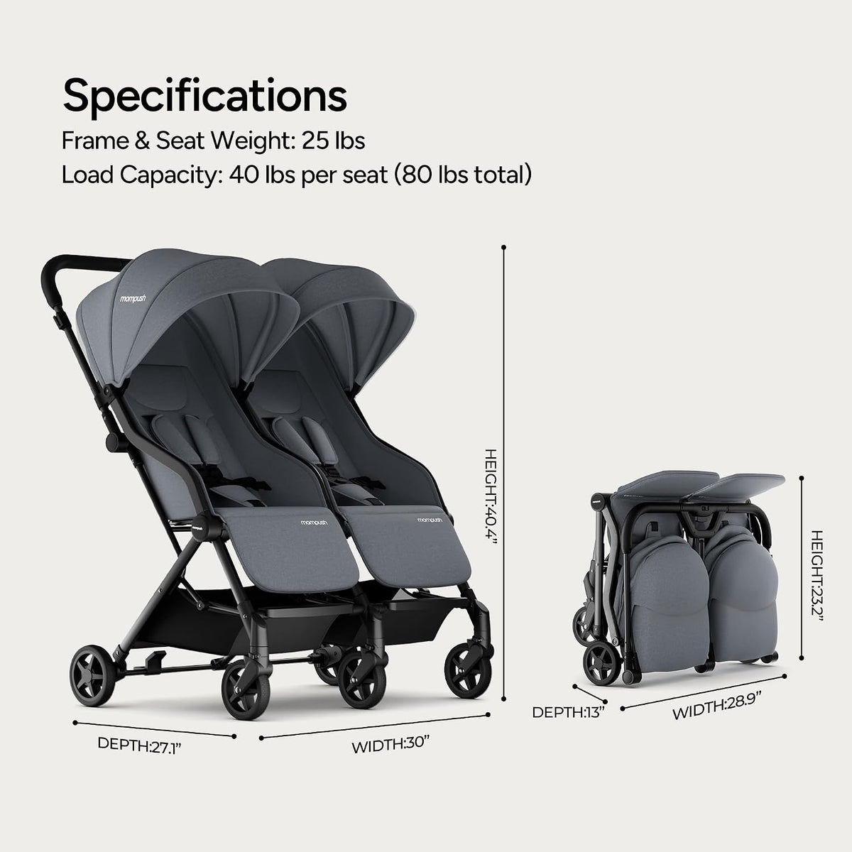 New Mompush Lithe Double Stroller (Grey)
