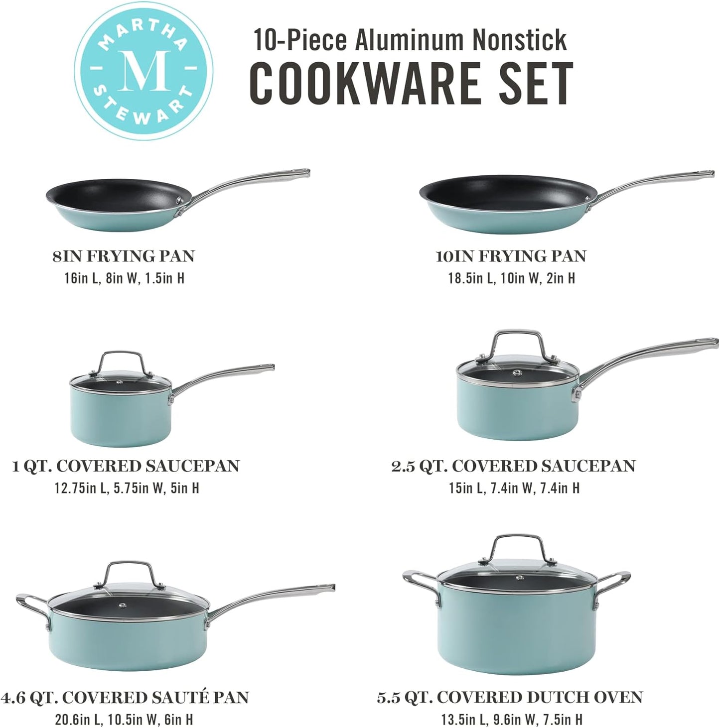 New Martha Stewart Lockton Premium Nonstick 10 Piece Pans Cookware Set (Mint Blue)