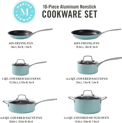 New Martha Stewart Lockton Premium Nonstick 10 Piece Pans Cookware Set (Mint Blue)