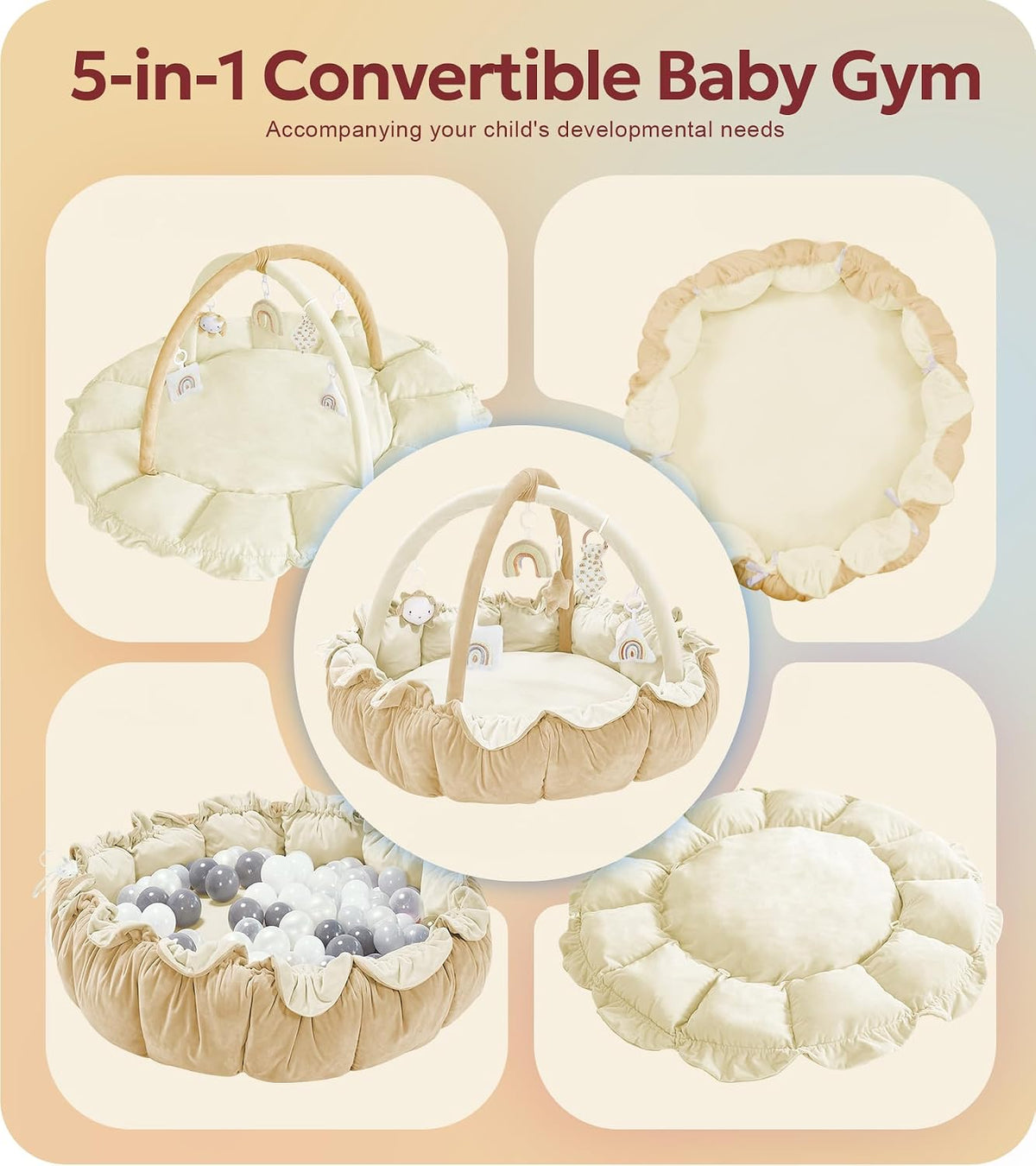 Mallify 5-in-1 Thick & Plush Baby Play Gym, Baby Play Mats (Cream)
