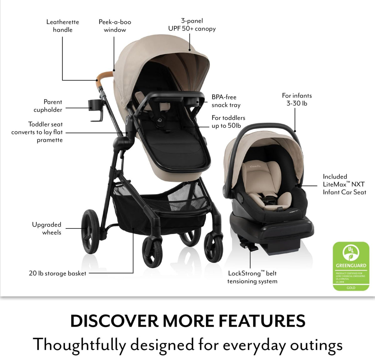 New Evenflo Pivot NXT Travel System with LiteMax NXT Car Seat (Latte Tan)