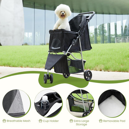 DUMOS 3-Wheel Foldable Pet Stroller with Storage & Cup Holder (Black)