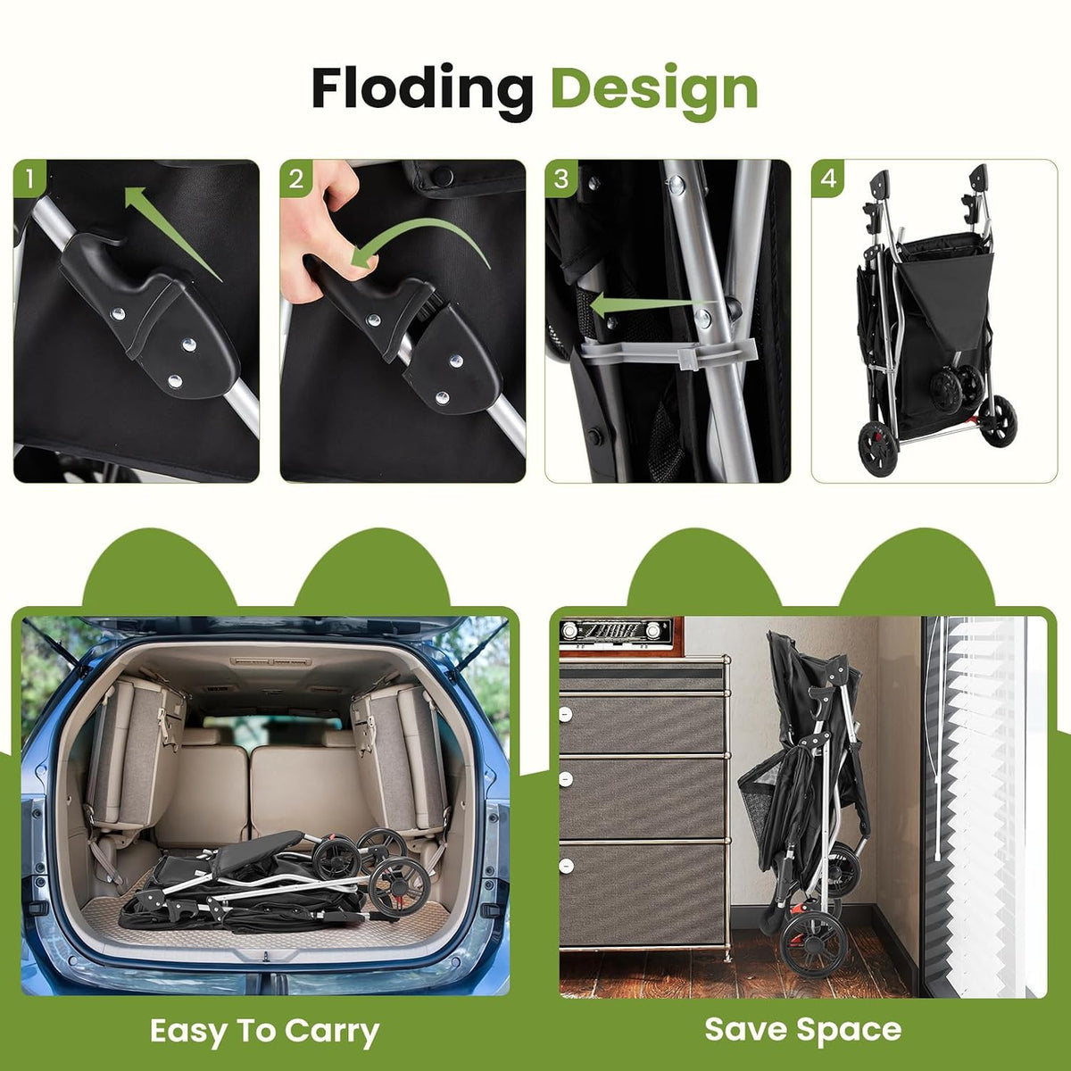 DUMOS 3-Wheel Foldable Pet Stroller with Storage & Cup Holder (Black)