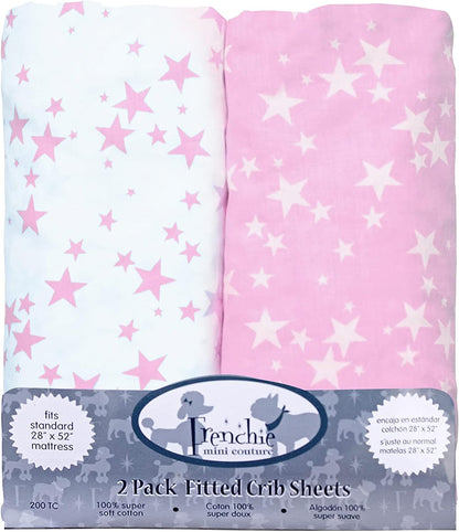 New 2 Pack Frenchie Mini Couture Fitted Crib Sheets Pink Stars