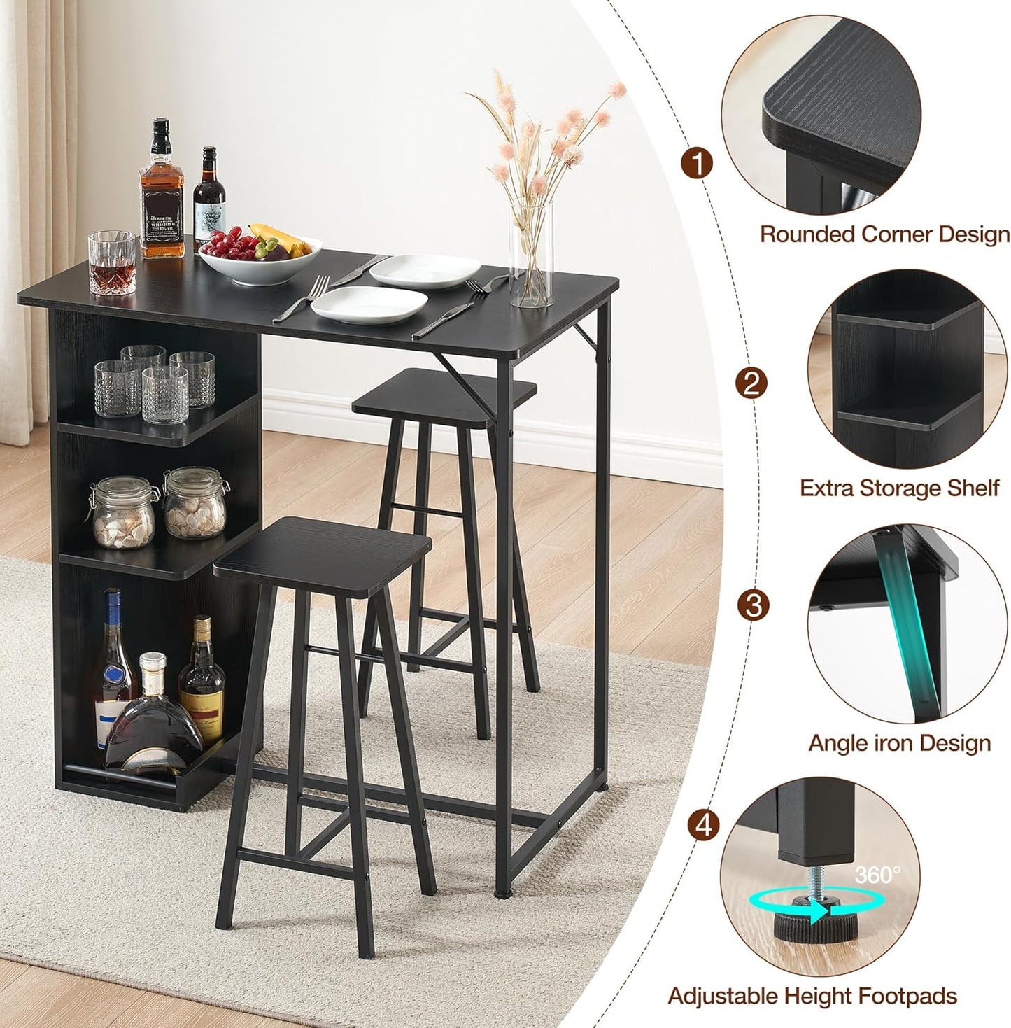 New Small Bar Table and Chairs Set for 2, 3-Piece Bar Table Set with 3 Tier Storage Shelves (Black)