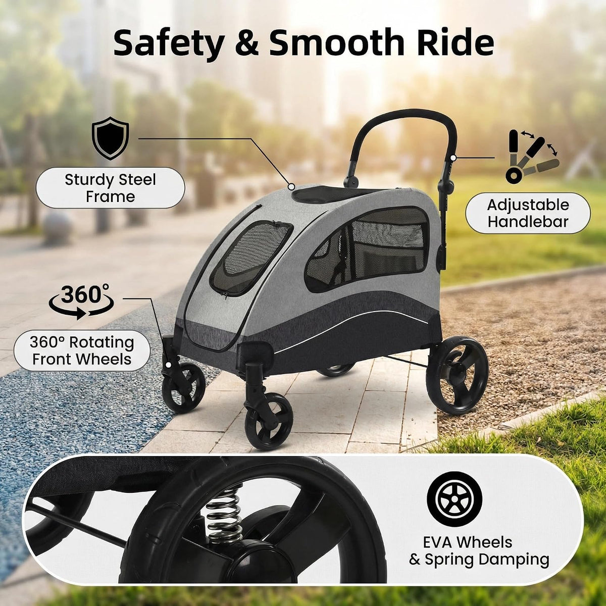 Garvee Extra Large Foldable Dog Stroller with Shock Absorption (Black)