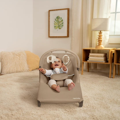 New Ingenuity Nestle Foldable Vibrating Baby Rocker with 2-Position Recline (Tan)
