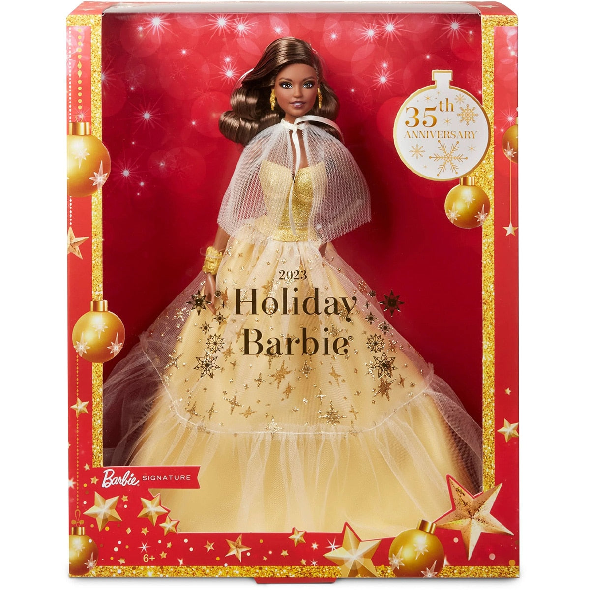 2023 Holiday Barbie Doll Golden Gown and Dark Brown Hair