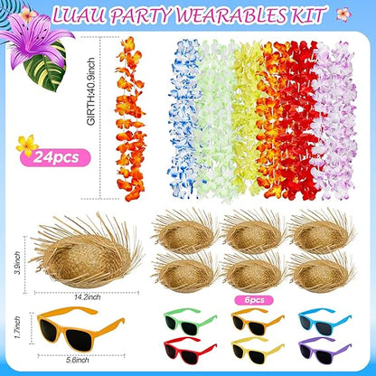 New 18 Pcs Hawaiian Luau Party Accessories 6 Pcs Hawaiian Luau Hat with 6 Luau Party Sunglasses - Summer Beach Themed Party