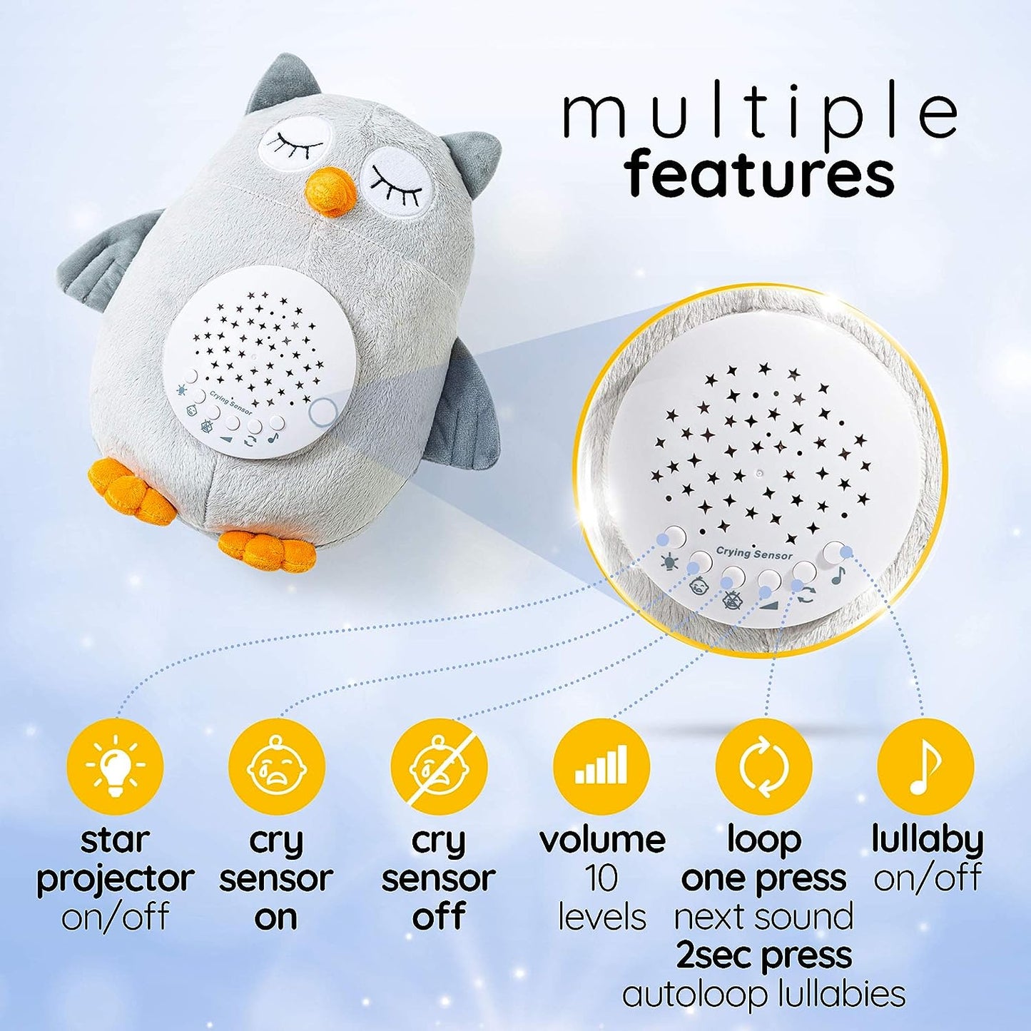 New Baby Soother Cry Activated Toy and Sound Machine - Baby Plush Owl
