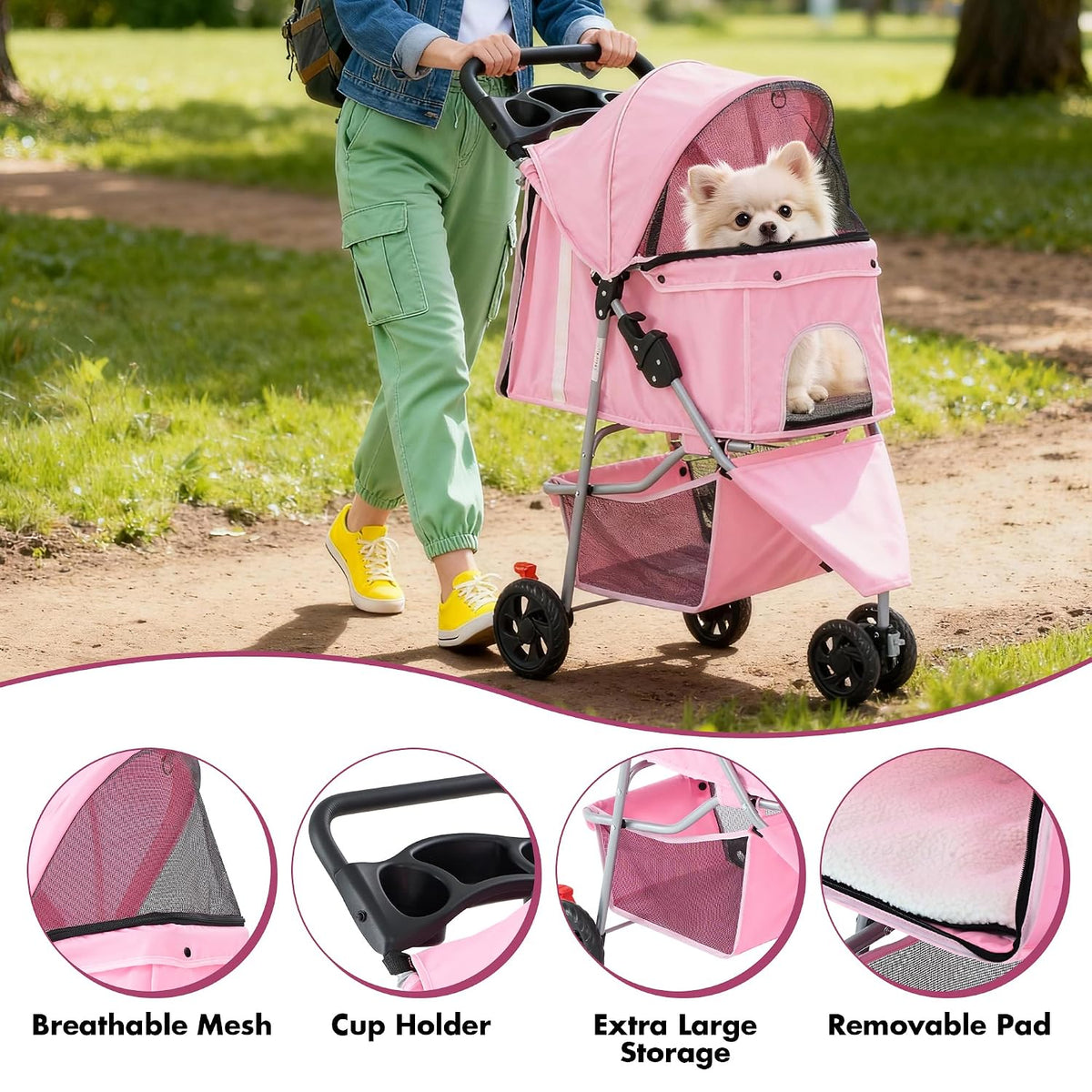 DUMOS 3-Wheel Foldable Pet Stroller with Storage & Cup Holder (Pink)