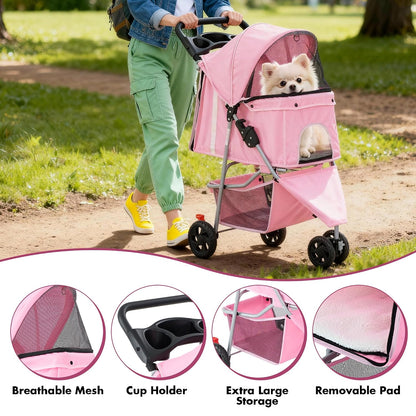 DUMOS 3-Wheel Foldable Pet Stroller with Storage & Cup Holder (Pink)