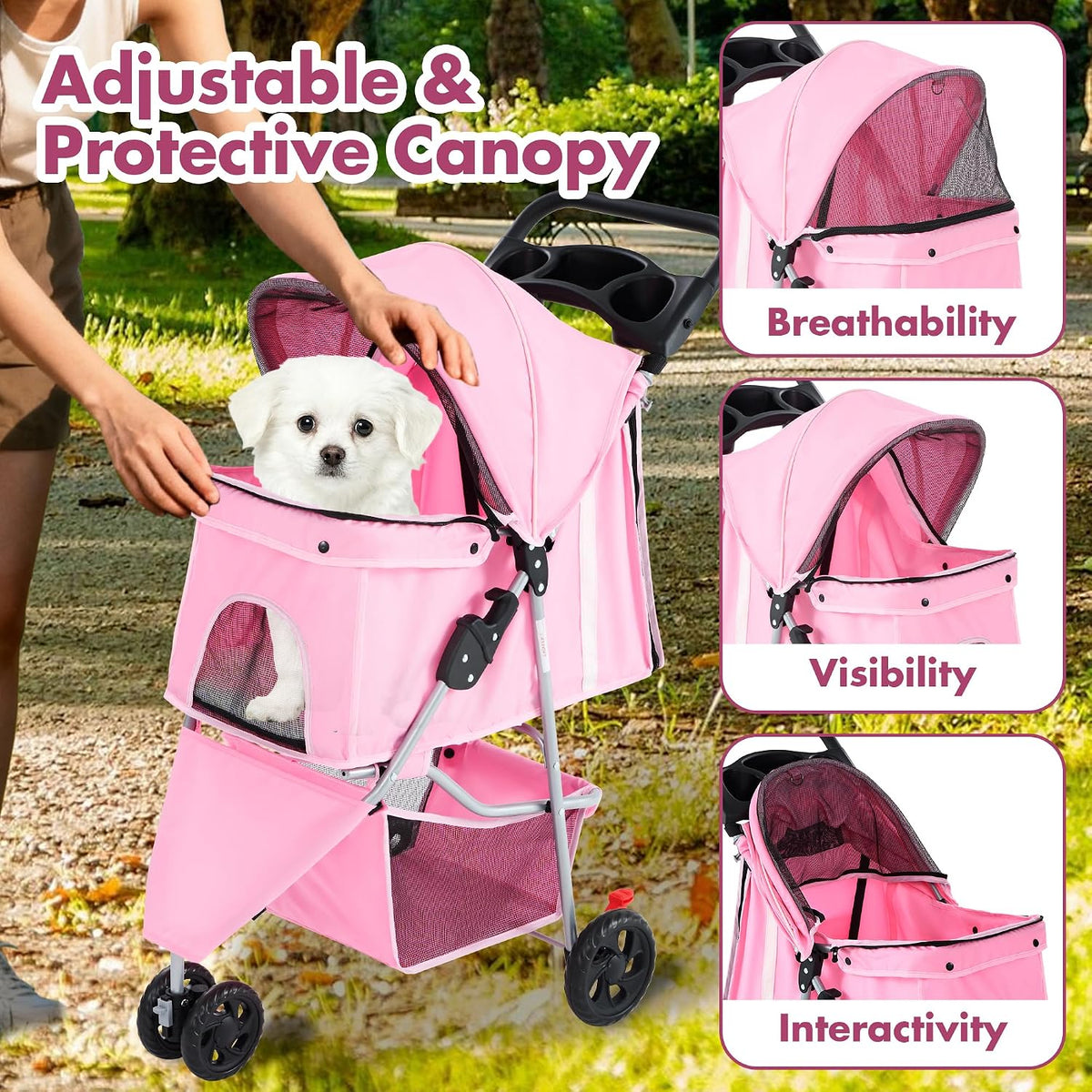 DUMOS 3-Wheel Foldable Pet Stroller with Storage & Cup Holder (Pink)